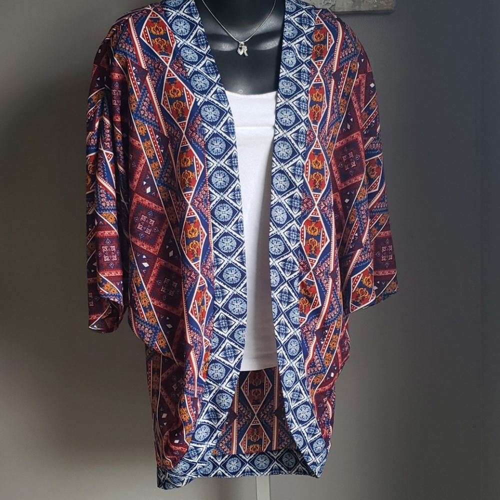 Red Camel Blue and Red Boho Tribal Print Kimono
